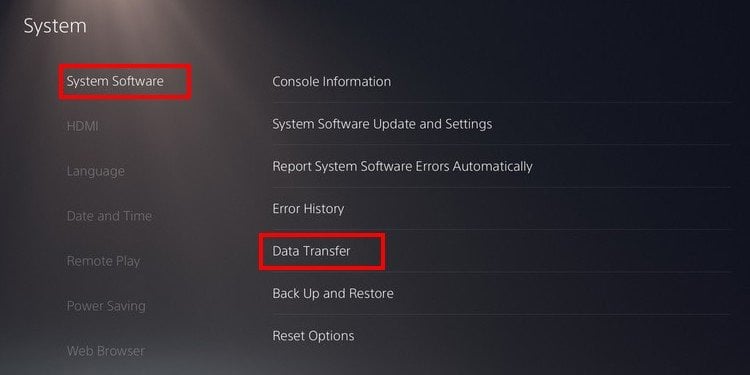 data transfer option ps5 