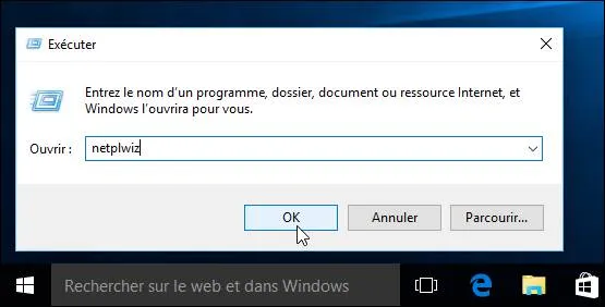 Ou maintenez la touche de raccourci Windows + R enfoncée et tapez netplwiz